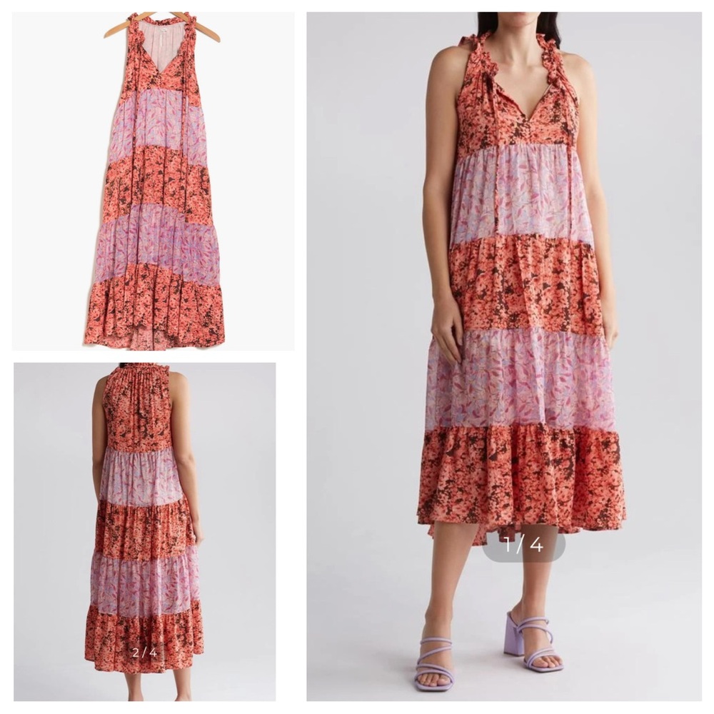 Stitchdrop Sol Mate Mixed Floral Tiered Midi Dress Sz: L